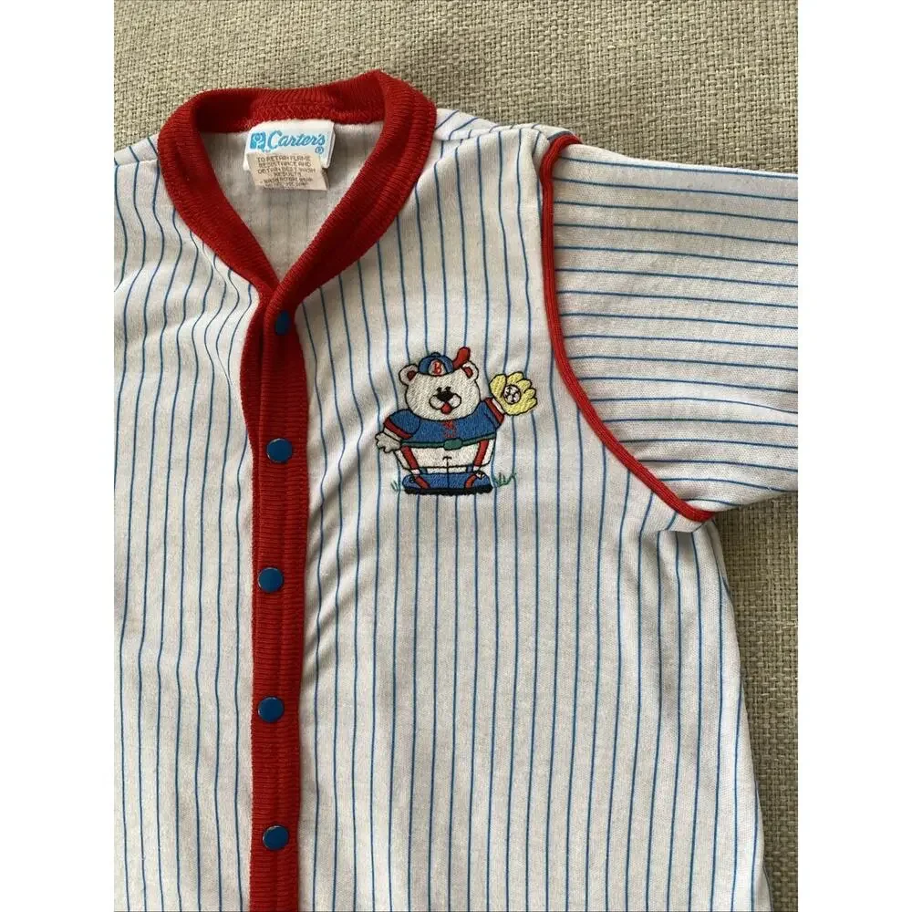 Vintage Carters 9mths Baseball Bear Striped One Pieces Outfit L USA 18/23 lbs